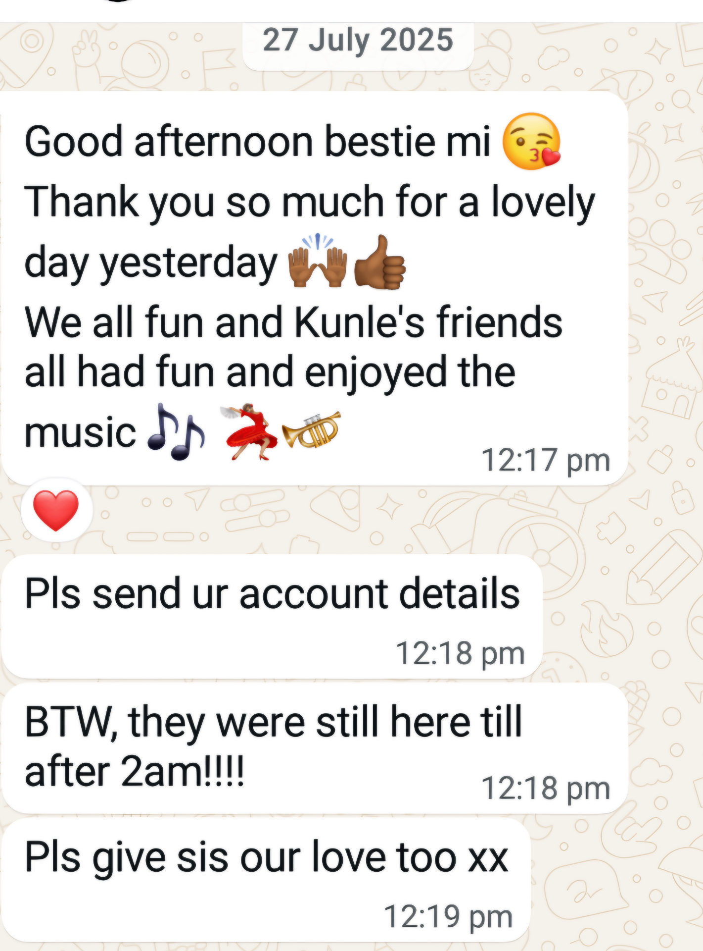 WhatsApp thank-you message for DJ OTB