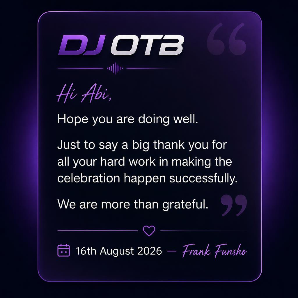 Thank-you message from Frank Funsho, 16th August 2026